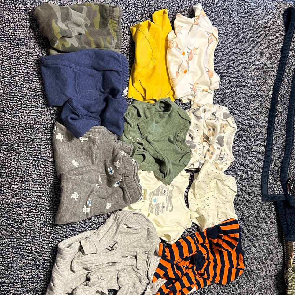 11 piece bundle of boys 12/18 mo coordinating pieces, Yellow, Green, Blue, cream